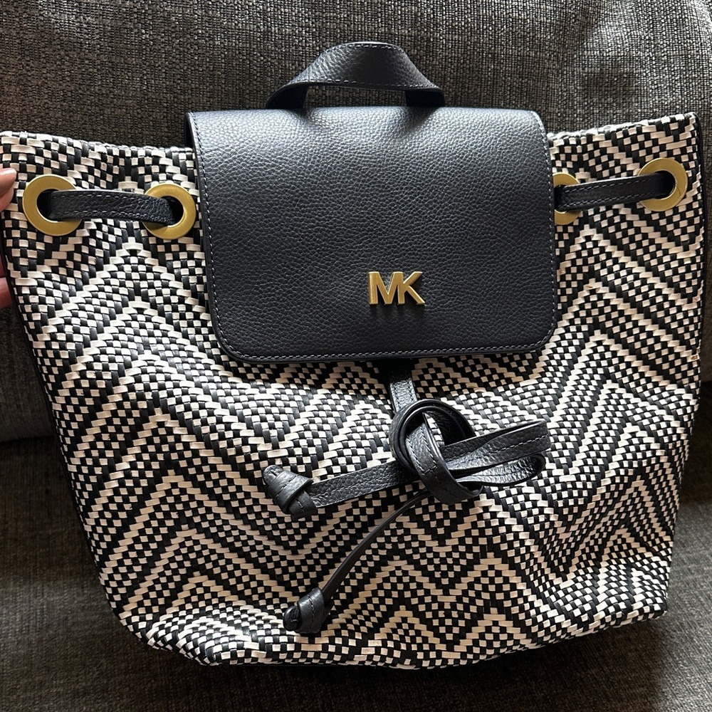 Michael Kors Dark blue and White Chevron Drawstring Backpack with Gold Hardware